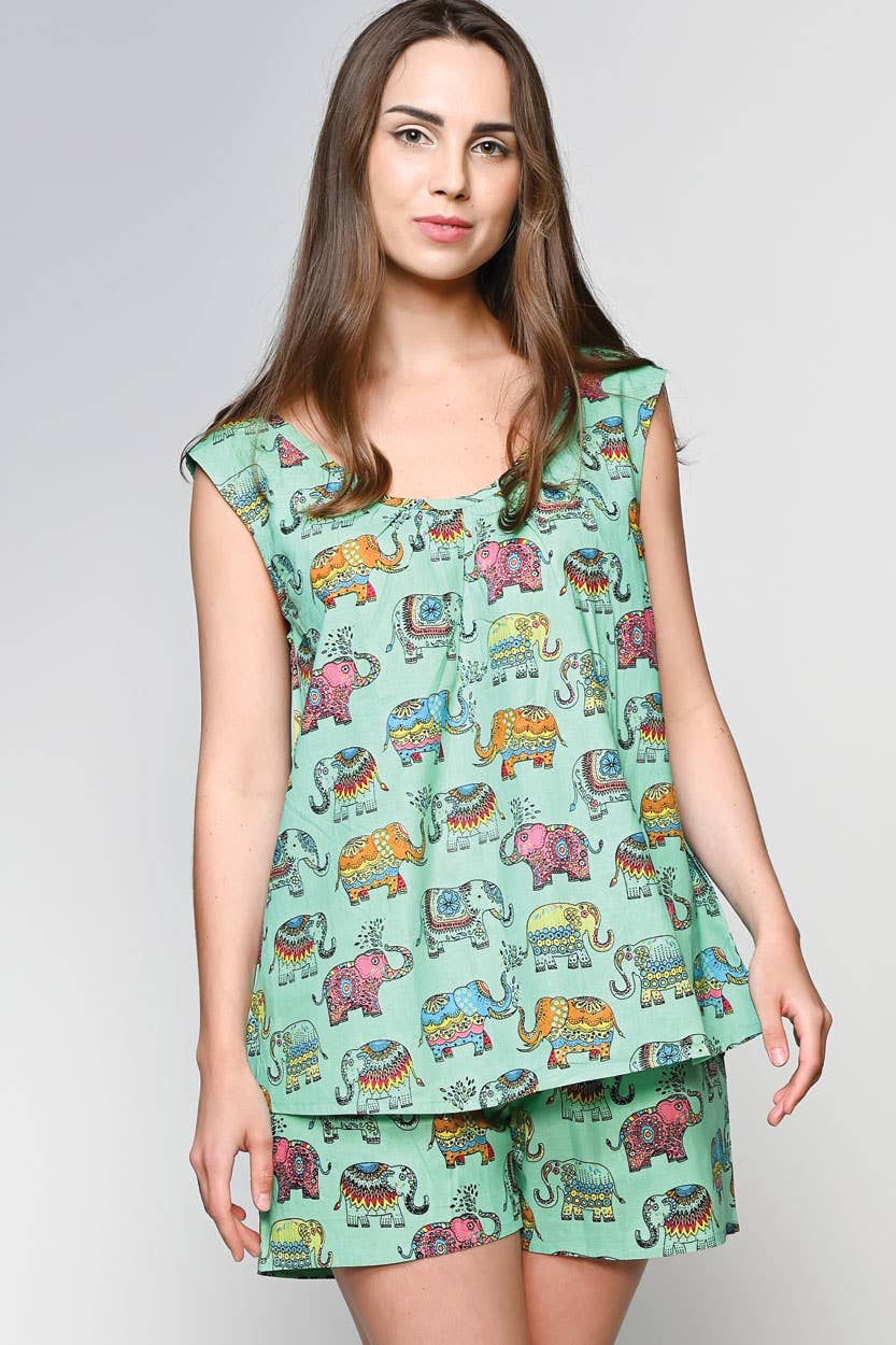 Green Elephant Print Pajama Short Set 