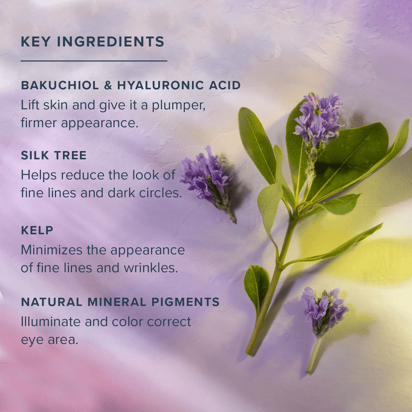 Key ingredients of Aura Glow Eye Cream include Bakuchiol, Hyaluronic Acid, Silk Tree, and Kelp for firming, brightening, and anti-aging effects.