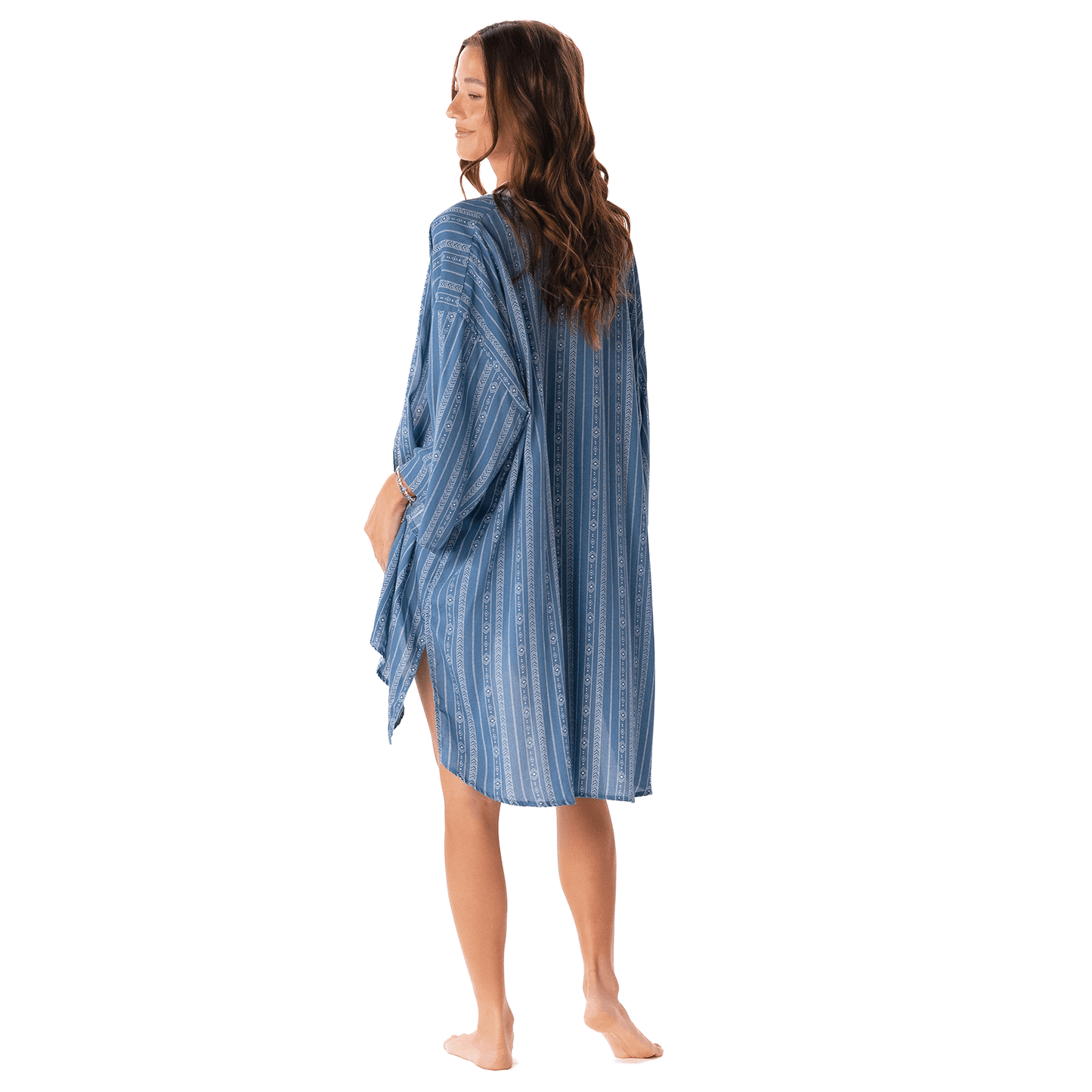 Blue Striped Kimono Cover up - 3/4 Sleeve Striped Kimono Cardigan with flowy fit and bohemian design, ideal for beachwear or swimwear layering.