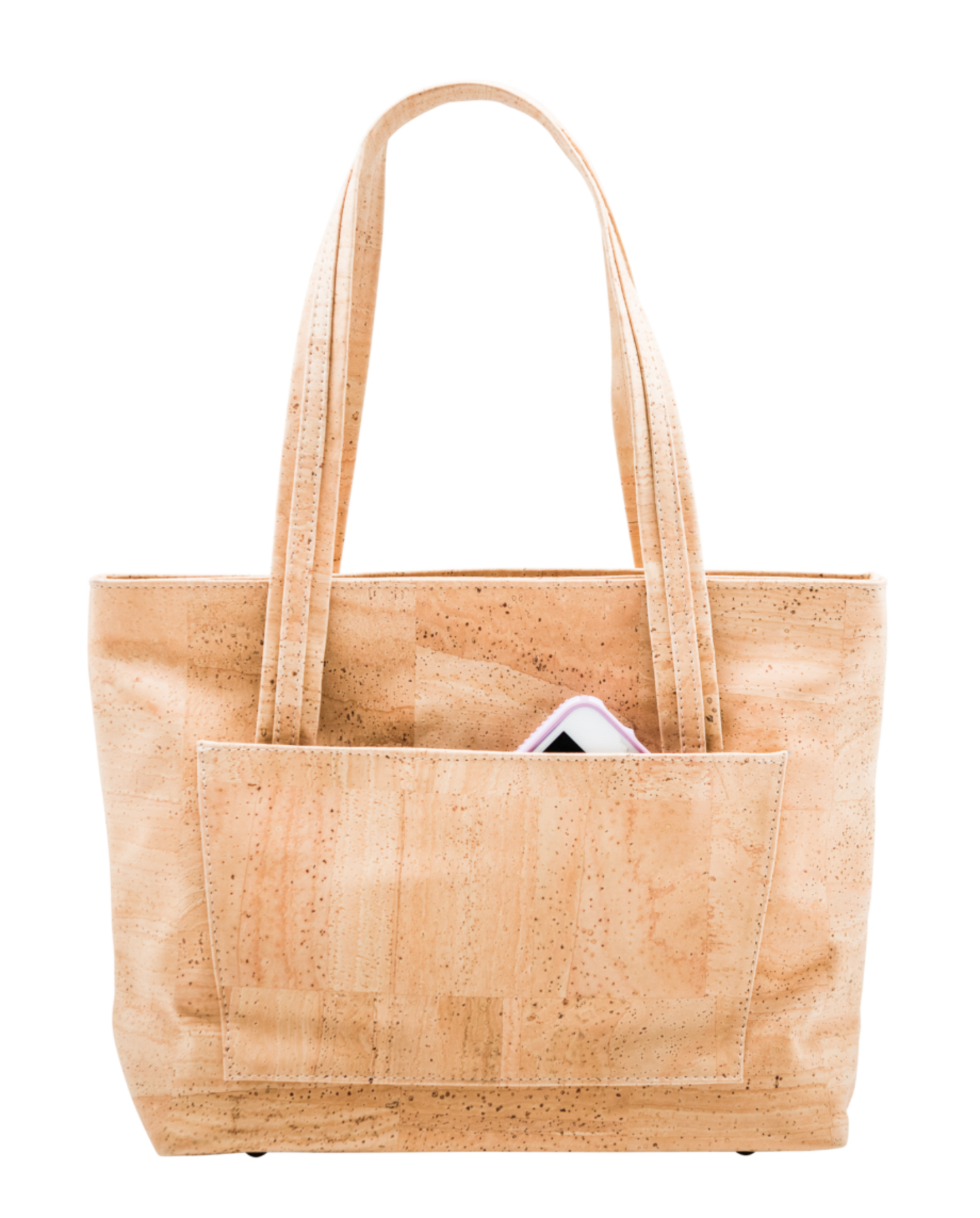 Back view of natural cork Grace tote handbag with phone in rear slip pocket, showcasing functional and accessible storage.