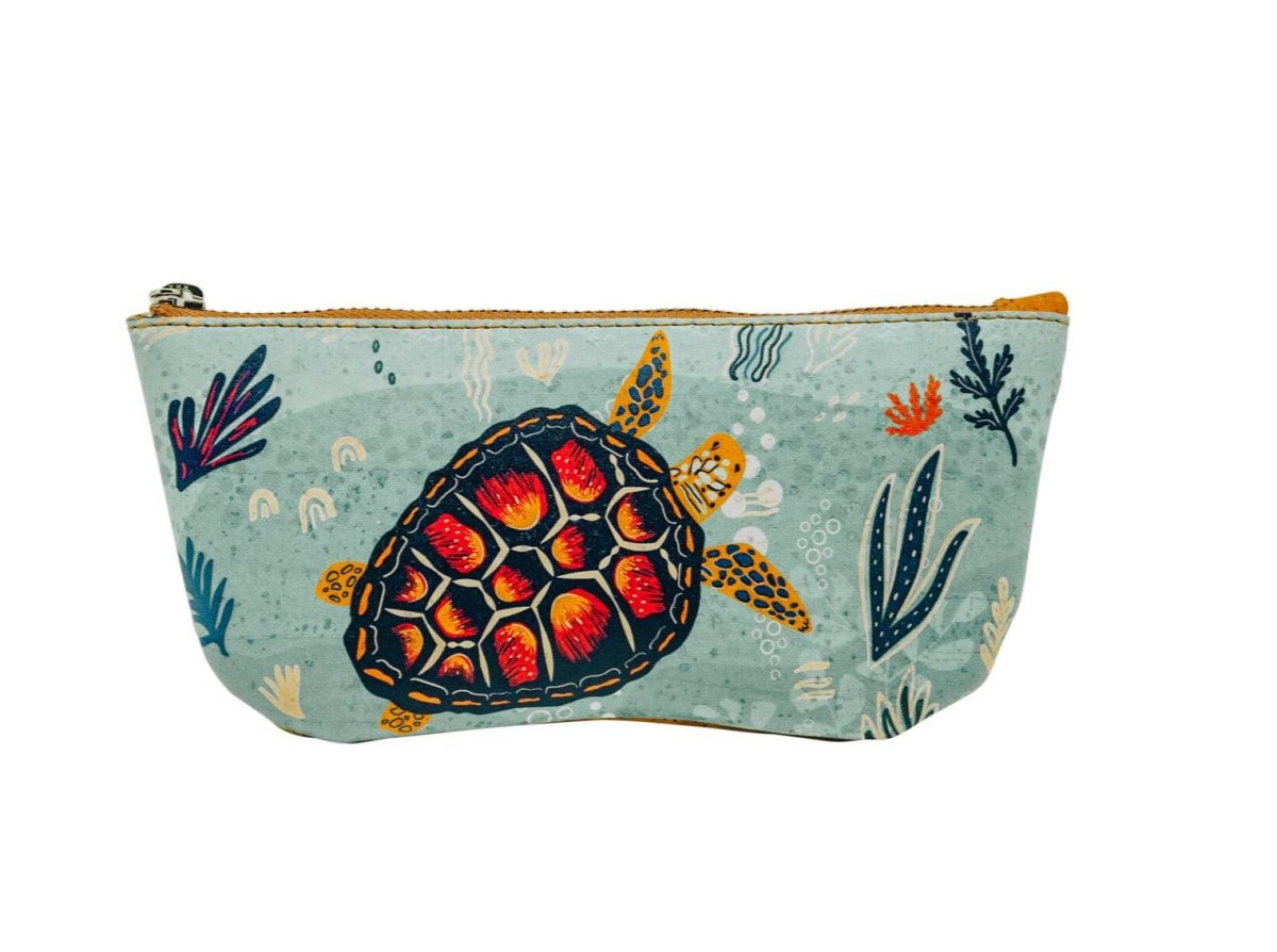 eyeglass case with blue and green sea turtle print on front the front and zippered top
