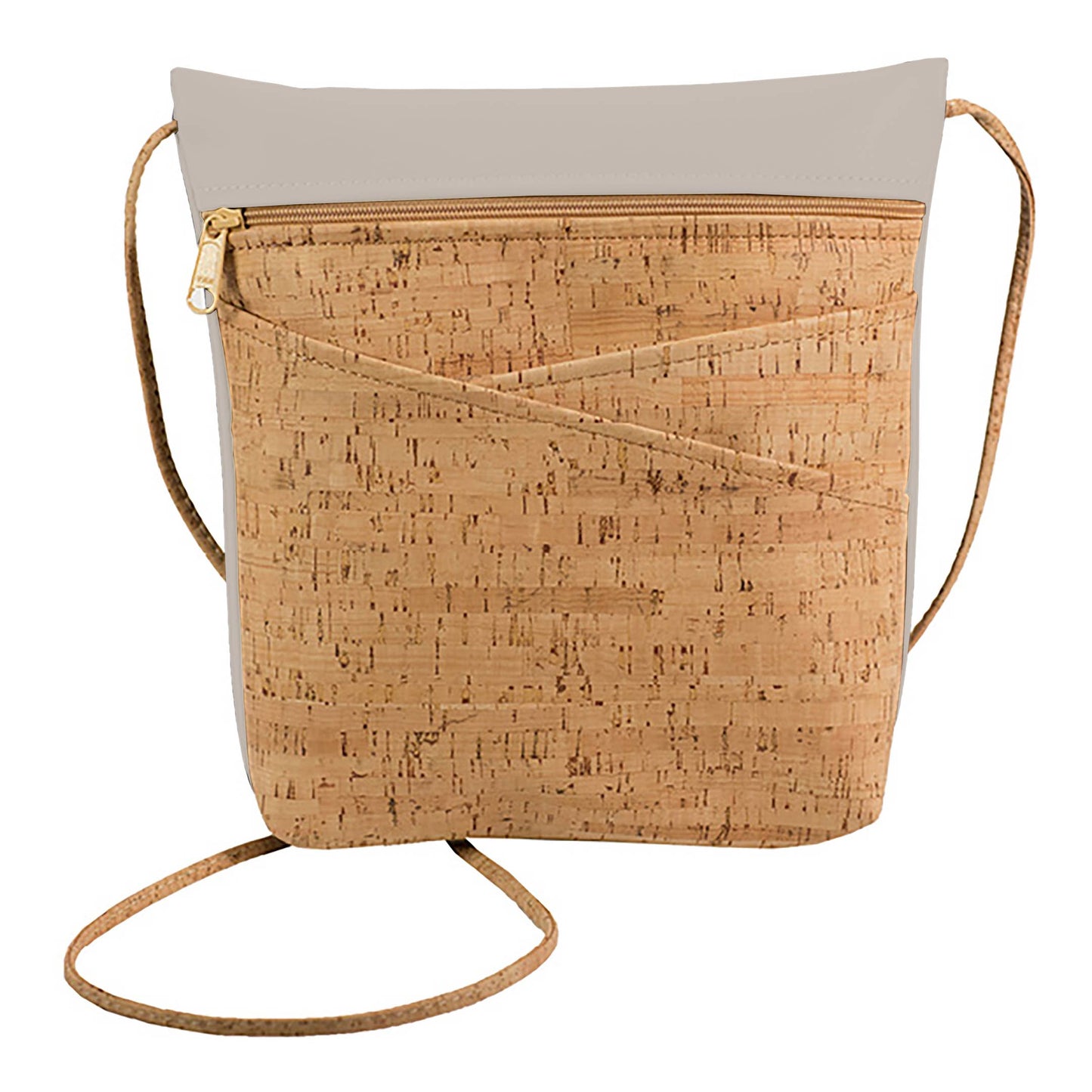 Gray Faux Leather and Cork Crossbody Bag with Outside Pockets and zipper top closure.