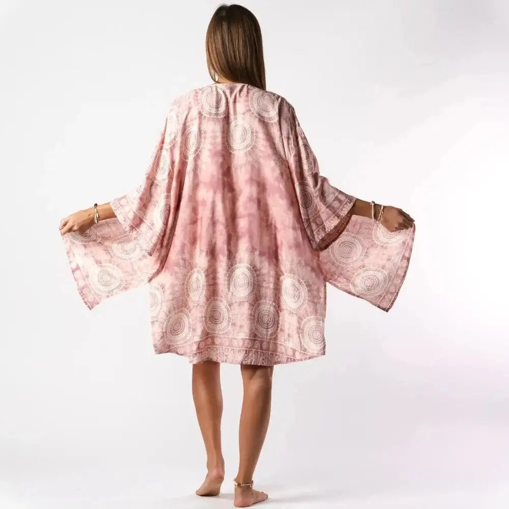 Lotus & Luna - Baja Boho Kimono Cover up in Guava Pinky Peach Mandala Print - Back View