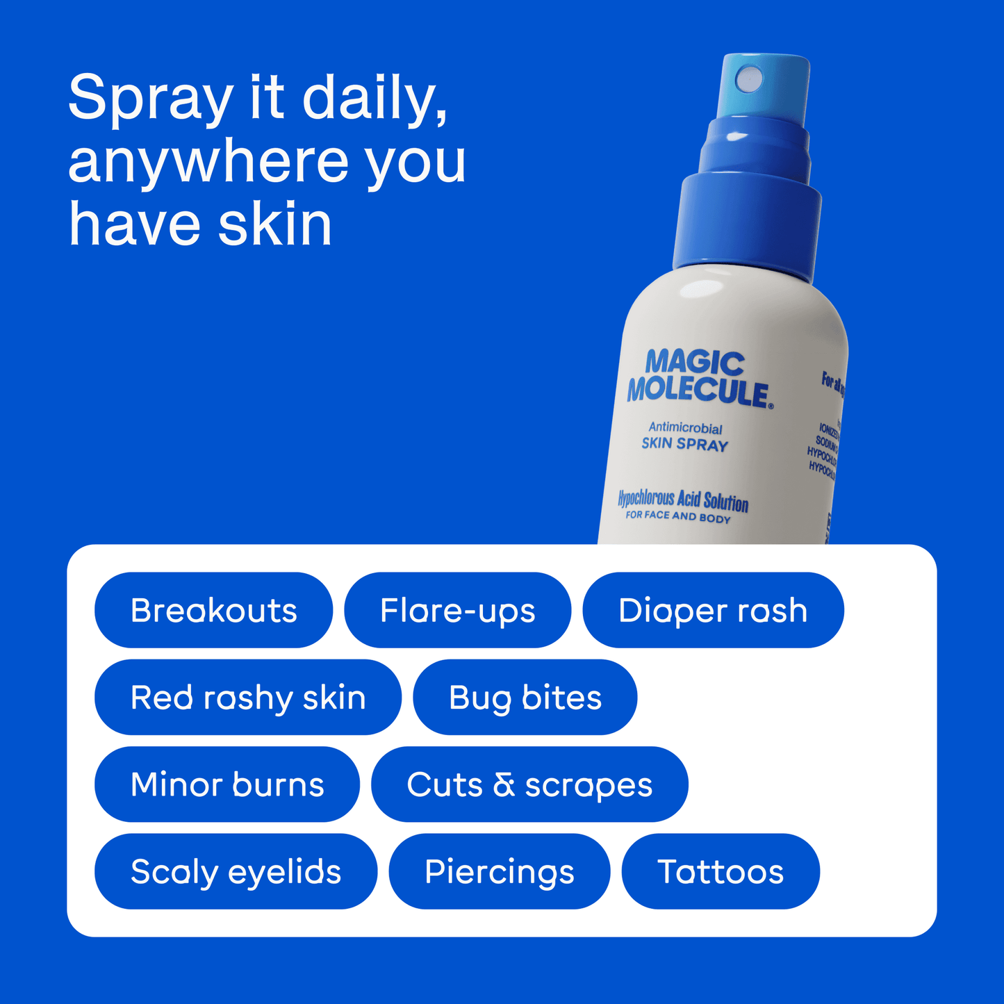 Magic Molecule Hypochlorous Acid Spray Mini bottle for face and body care, shown with text highlighting uses for breakouts, rashes, and cuts. Ideal for sensitive skin treatment.