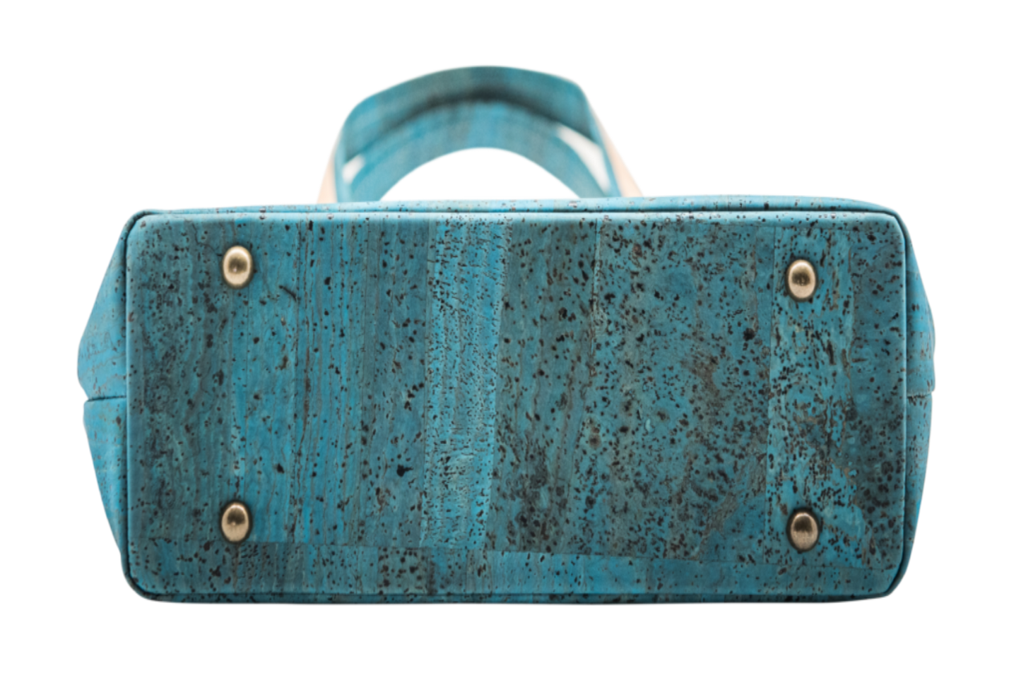 Bottom view of Grace Peacock Blue Handbag featuring reinforced corners and metal feet for durability and structure.