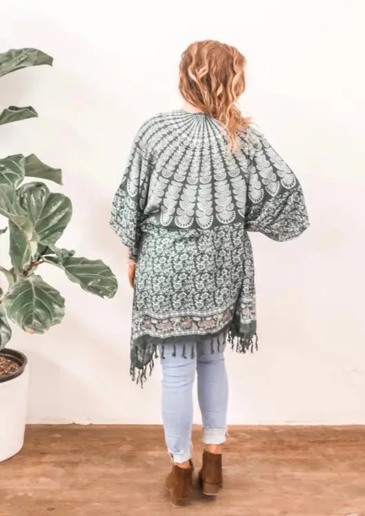 Rainforest Green Mandala Print Boho Fringe Kimono Back View