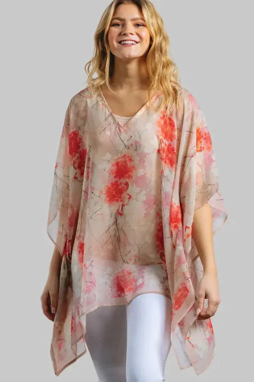 Sevya Handmade Coral and White Floral V-Neck Bohemian Tunic Top with Asymmetrical Hem