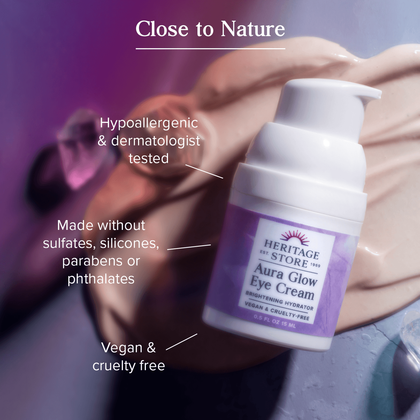 Aura Glow Eye Cream labeled hypoallergenic, vegan, cruelty-free, and free from sulfates, silicones, parabens, and phthalates for clean skincare.