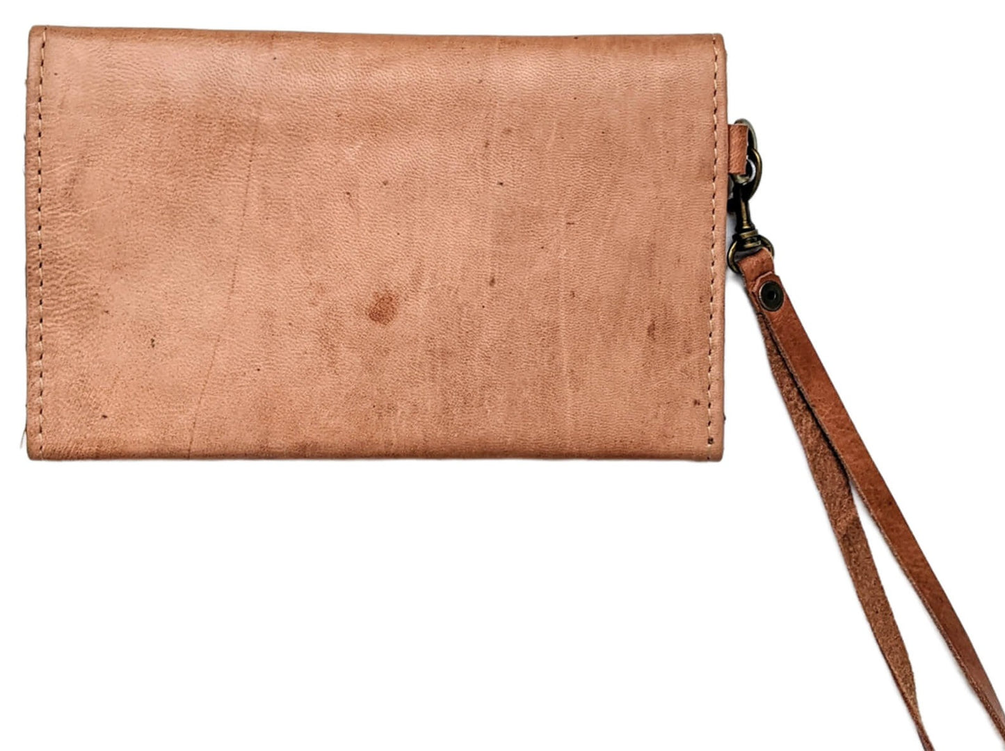 back view of a brown leather wallet with wrist strap
