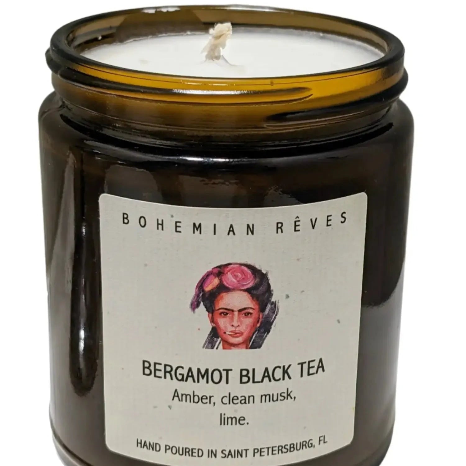 Bohemian Rêves bergamot black tea soy candle with Frida Kahlo inspired label artwork at Elle and Willow