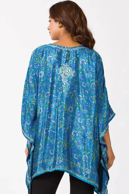 blue floral embroidered tunic boho top back view on model