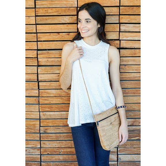 tan cork and vegan leather crossbody bag