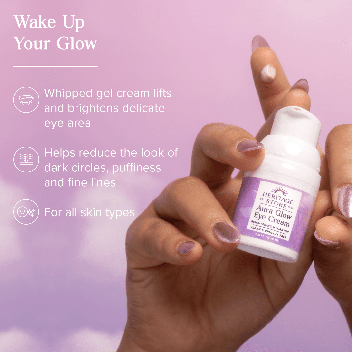 Woman holding Aura Glow Eye Cream highlighting benefits like reducing puffiness, dark circles, and fine lines. Ideal for all skin types.