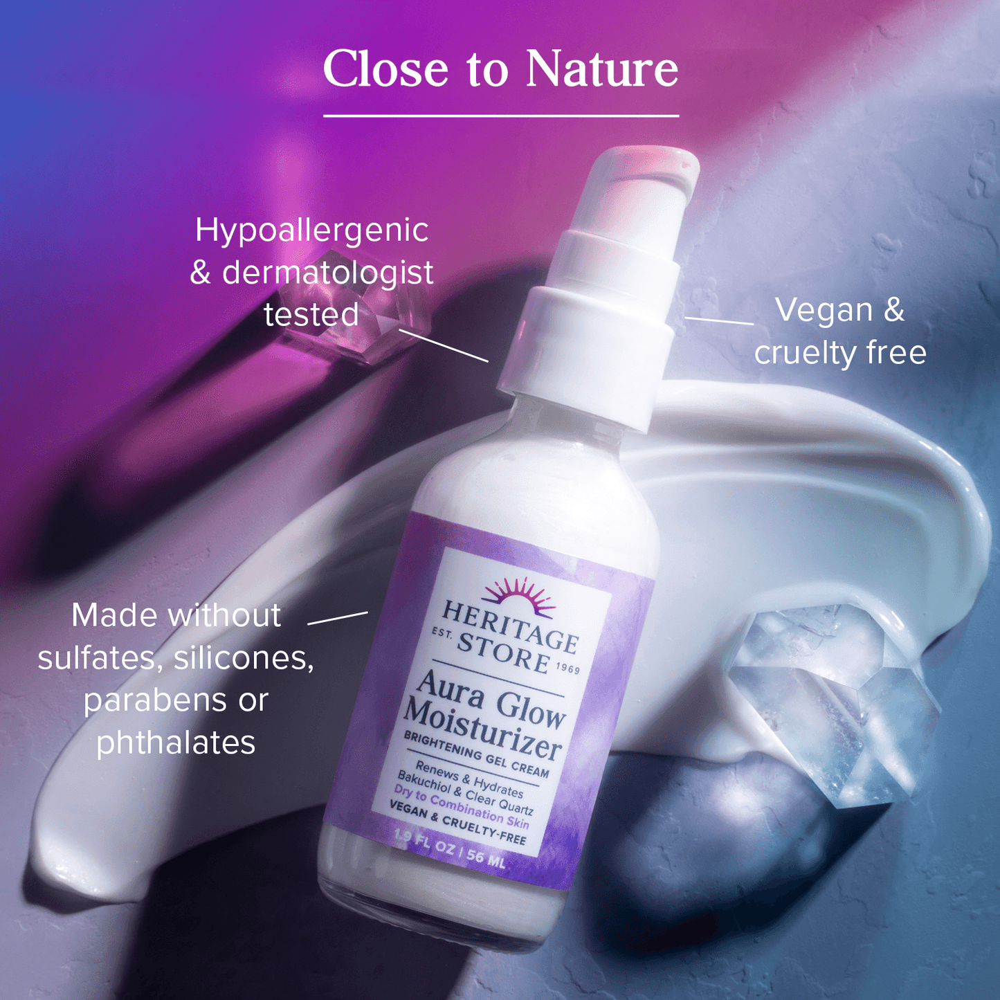 Heritage Store Aura Glow Moisturizer for Face with brightening gel cream texture, ideal for dry and combination skin types in clean beauty skincare.