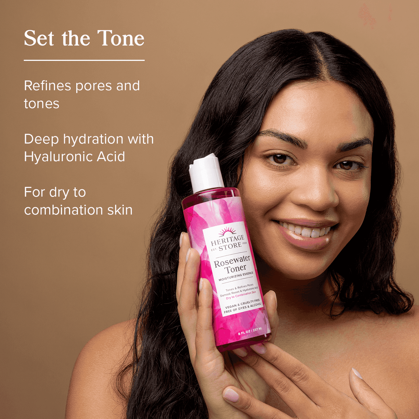 Woman holding Heritage Store Rosewater Toner Mini for glowing skin; ideal for dry to combination skin with hyaluronic acid hydration benefits.