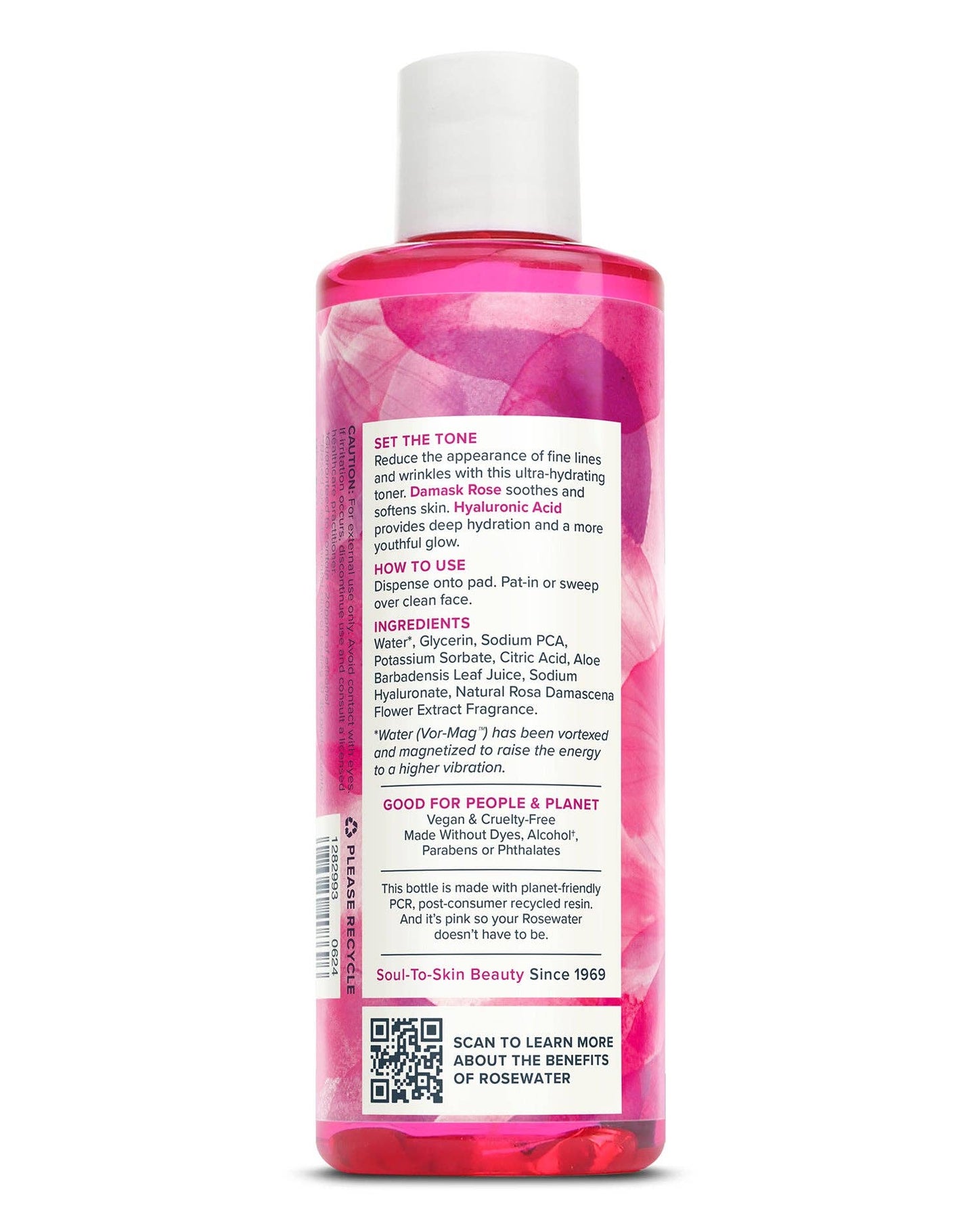 Back label of Heritage Store Rosewater Toner Mini with ingredients and usage instructions for glowing skin. Ideal for natural skincare routines.