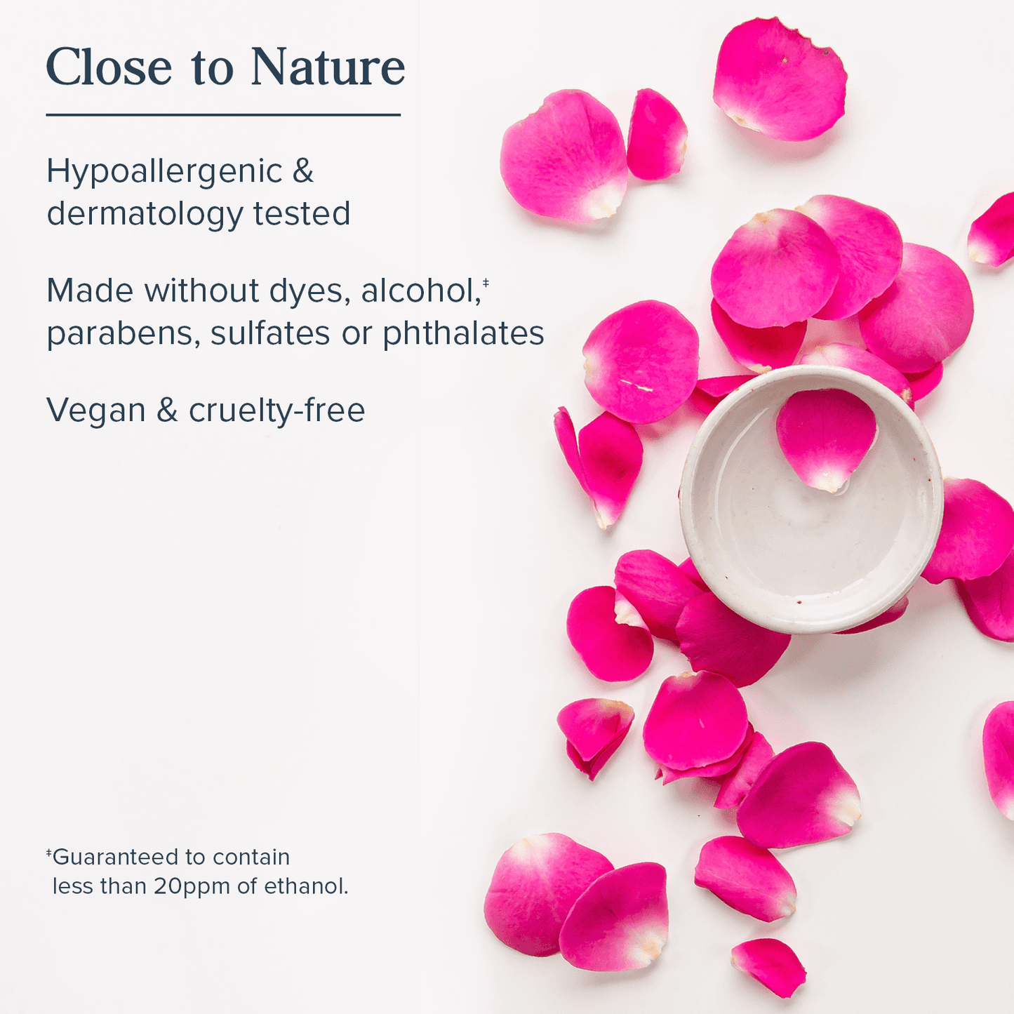 Heritage Store Rosewater Toner Mini surrounded by pink rose petals, highlighting its vegan, cruelty-free, and hypoallergenic skincare benefits.