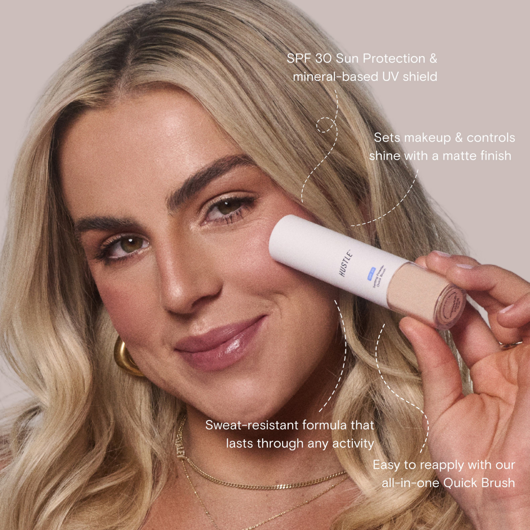 Cavinder twin applying a cosmetic product with text highlighting SPF, UV shield, and other features.