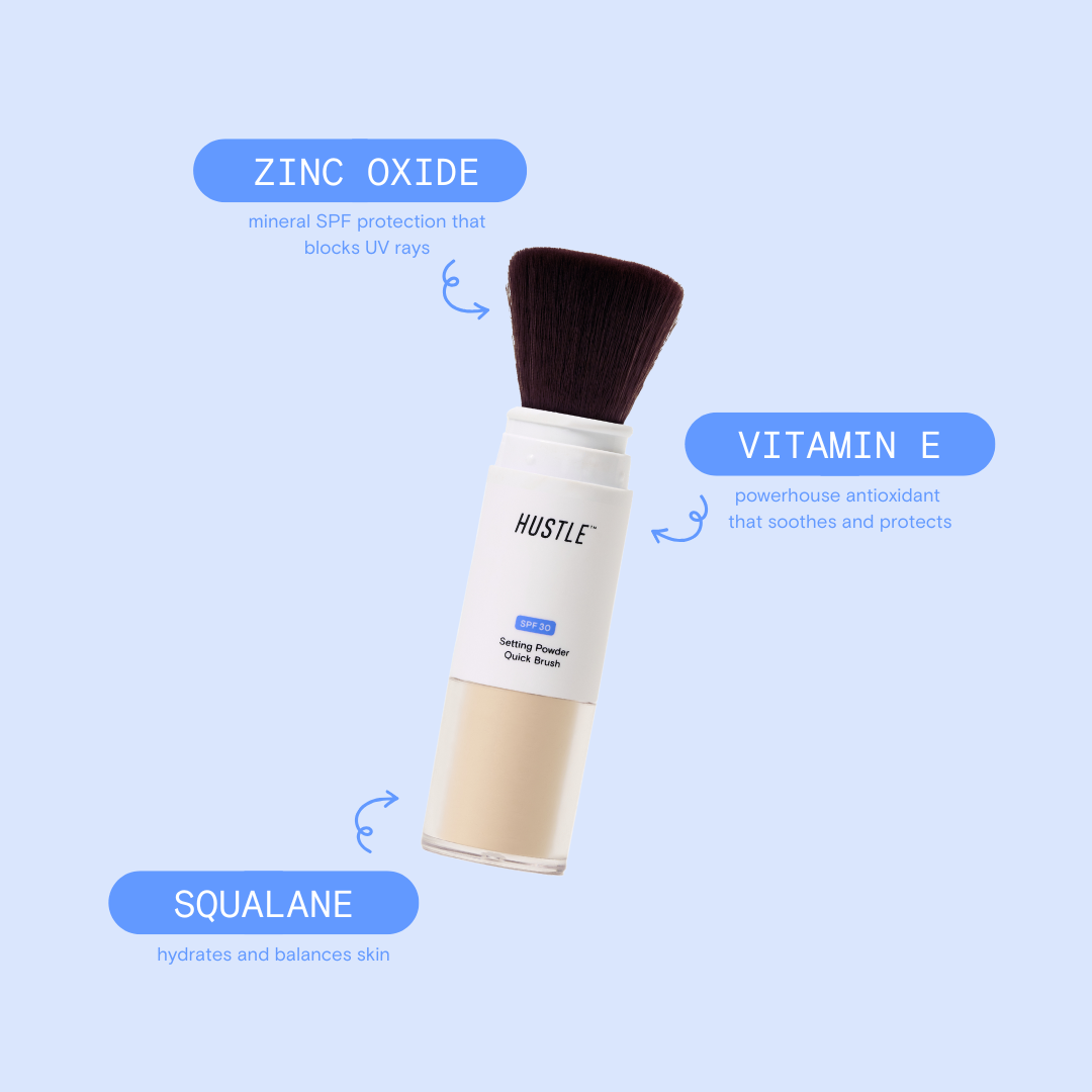 Hustle beauty SPF 30 powder brush with labeled ingredients on a light blue background