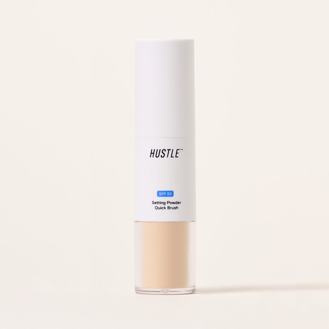 Setting powder container with 'HUSTLE' branding on a white background