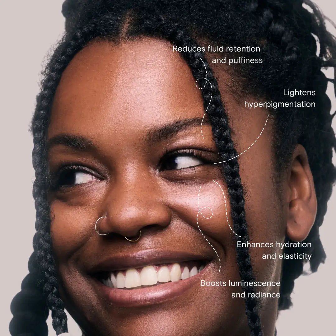 Woman with braided hair smiling, with text highlighting skincare benefits of brightening undereye balm from Hustle Beauty on a beige background