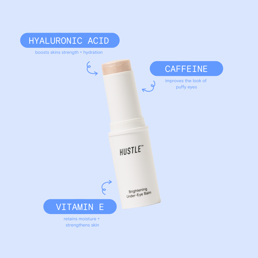 Hustle brightening under-eye balm with ingredients highlighted on a light blue background