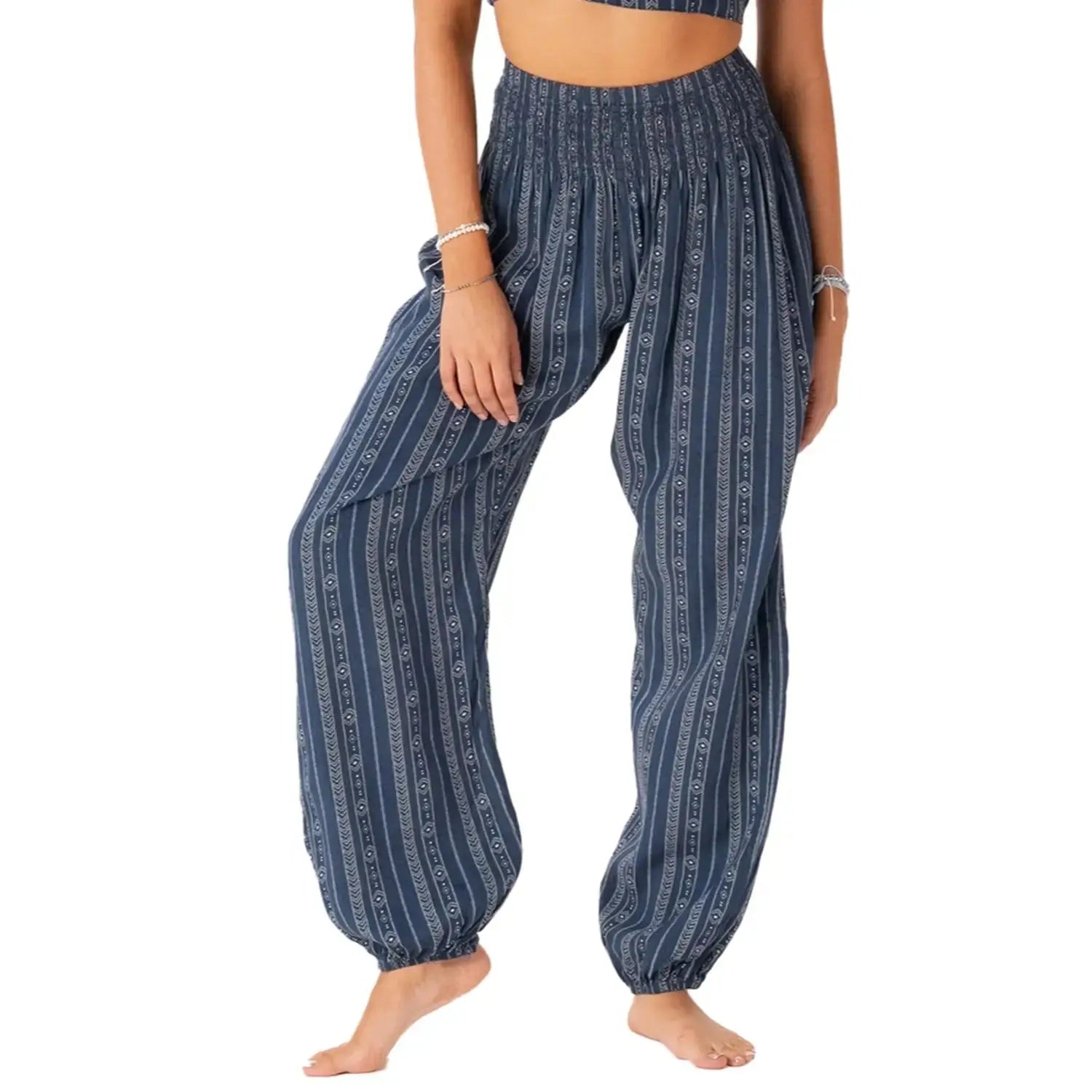 striped high rise pull-on boho pants, harem style pants with tribal stripe