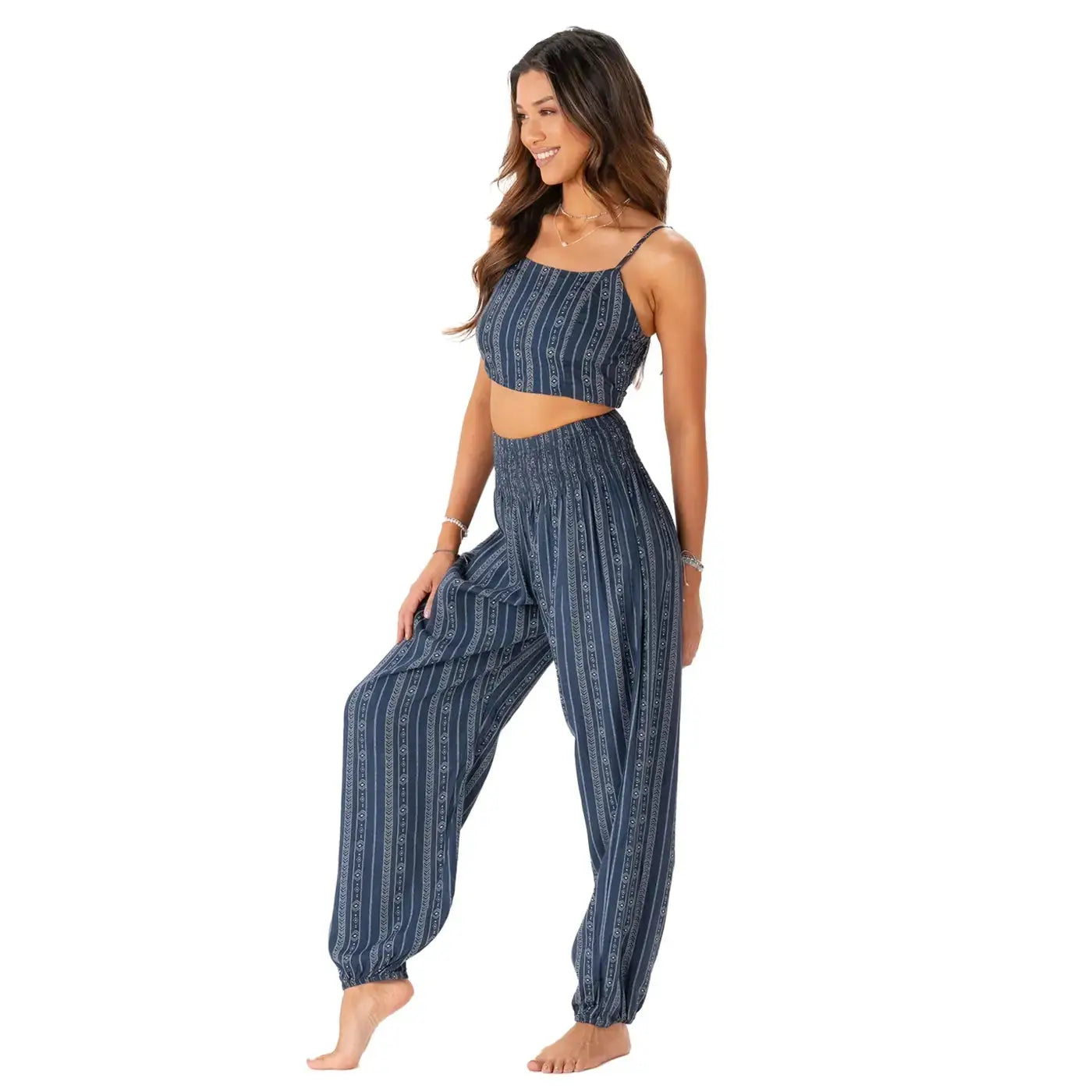 side view of striped high rise pull-on boho pants, harem style pants with tribal stripe