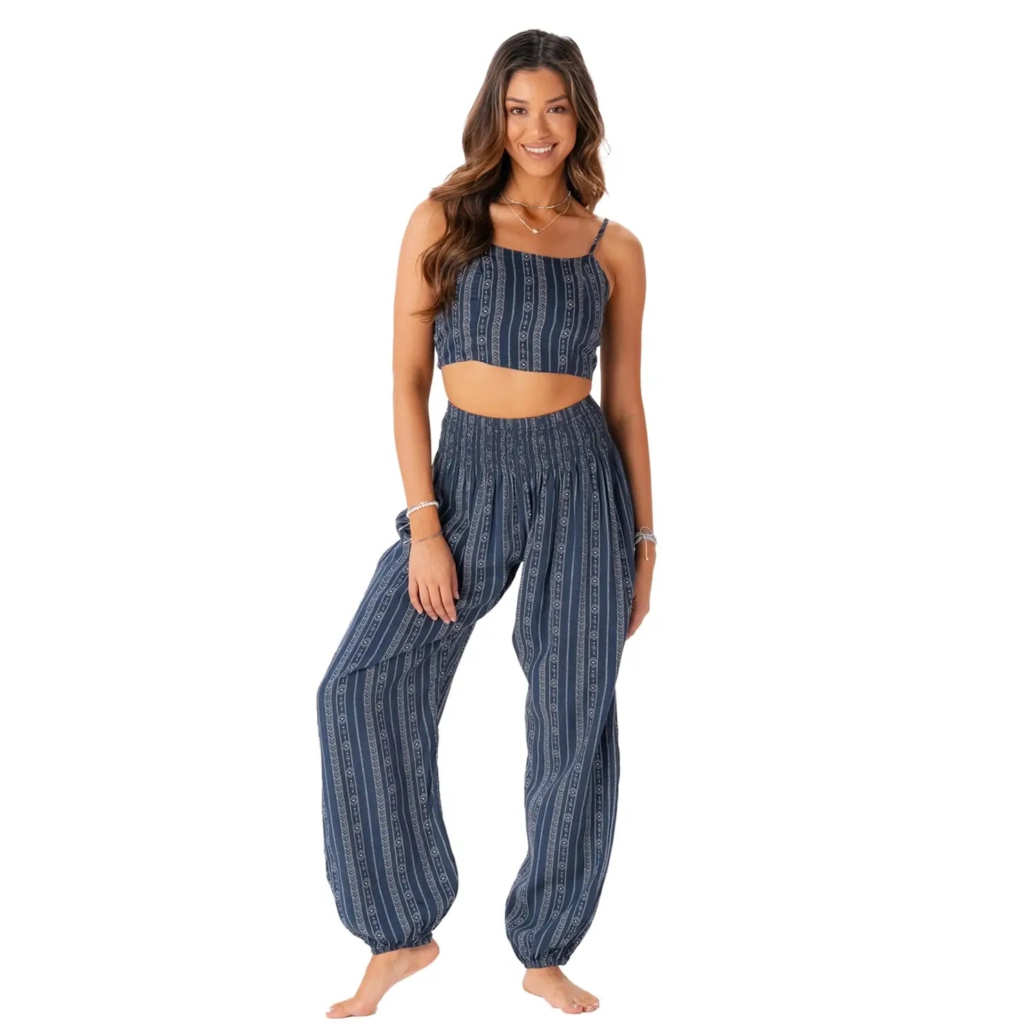 striped high rise pull-on boho pants, harem style pants with tribal stripe