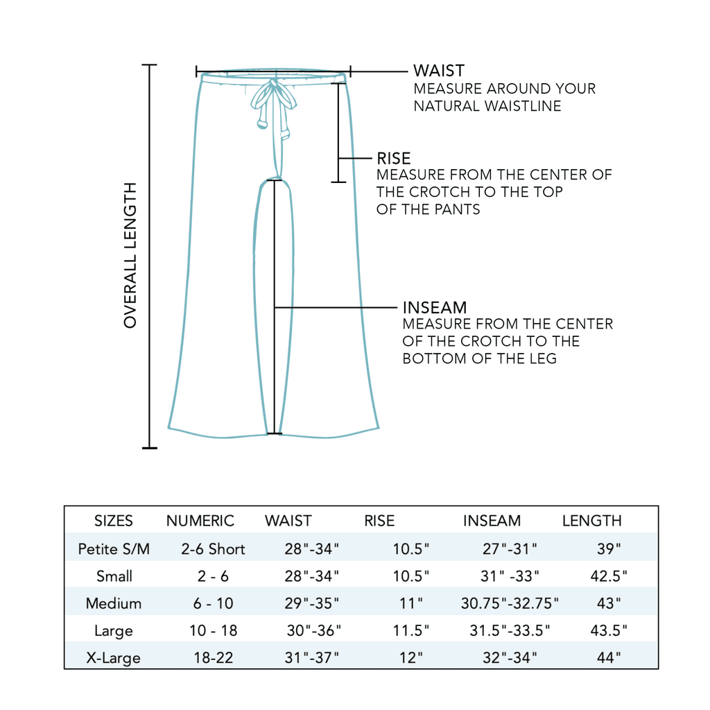 lotus and Luna wide leg pants size chart