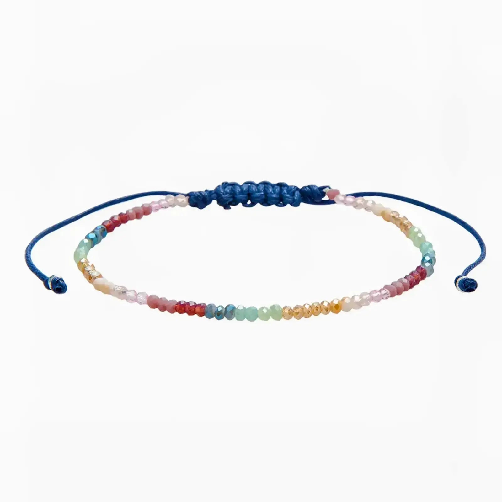 multi colored crystal bracelet with blue silder cord