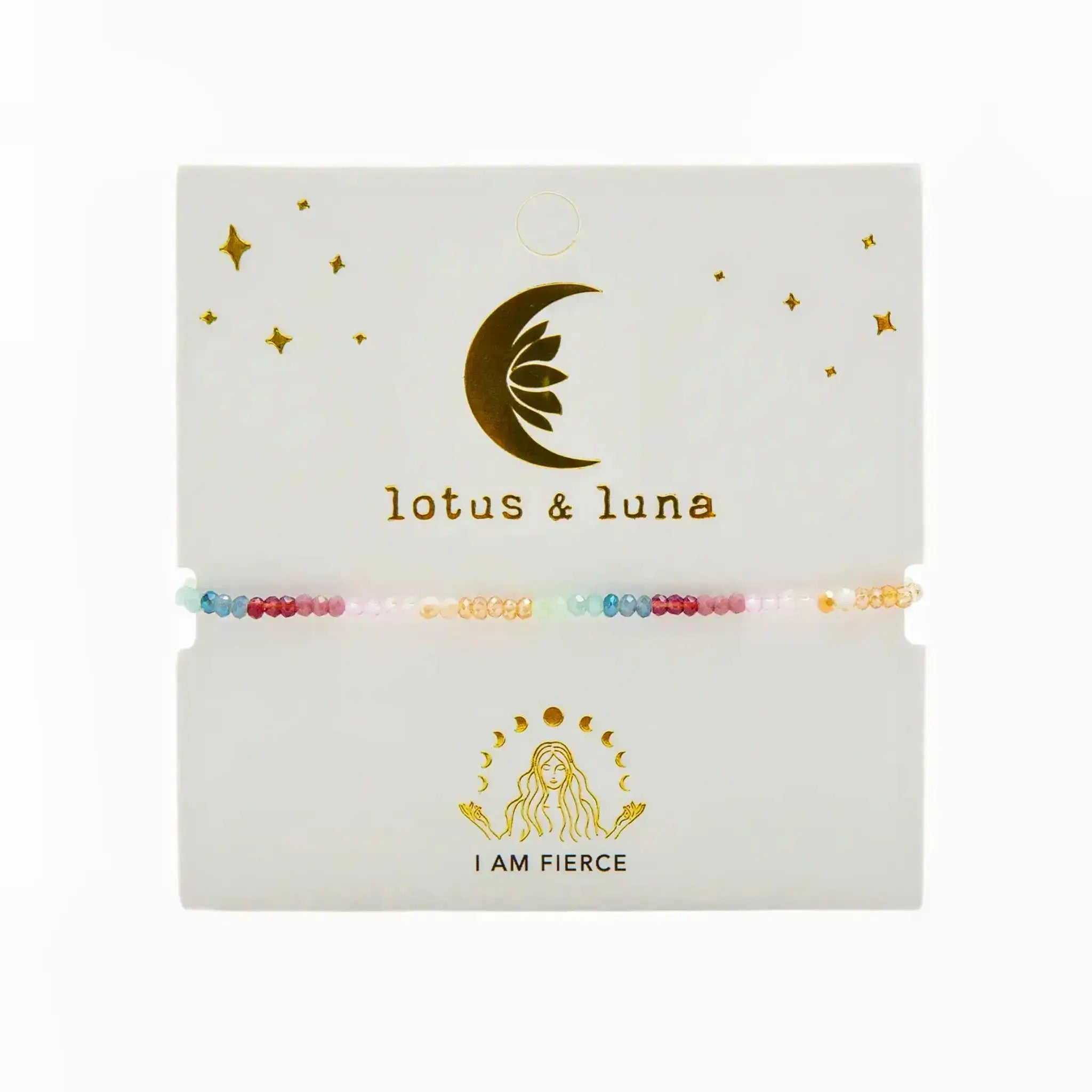 multi colored crystal bracelet with blue silder cord on lotus and luna jewelry card