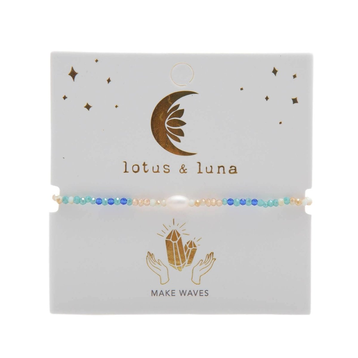 Lotus and Luna Make Waves Goddess Bracelet with Pearl and Crystals on display card featuring celestial and crystal artwork. Adjustable boho bead bracelet in blue, teal, and gold tones.