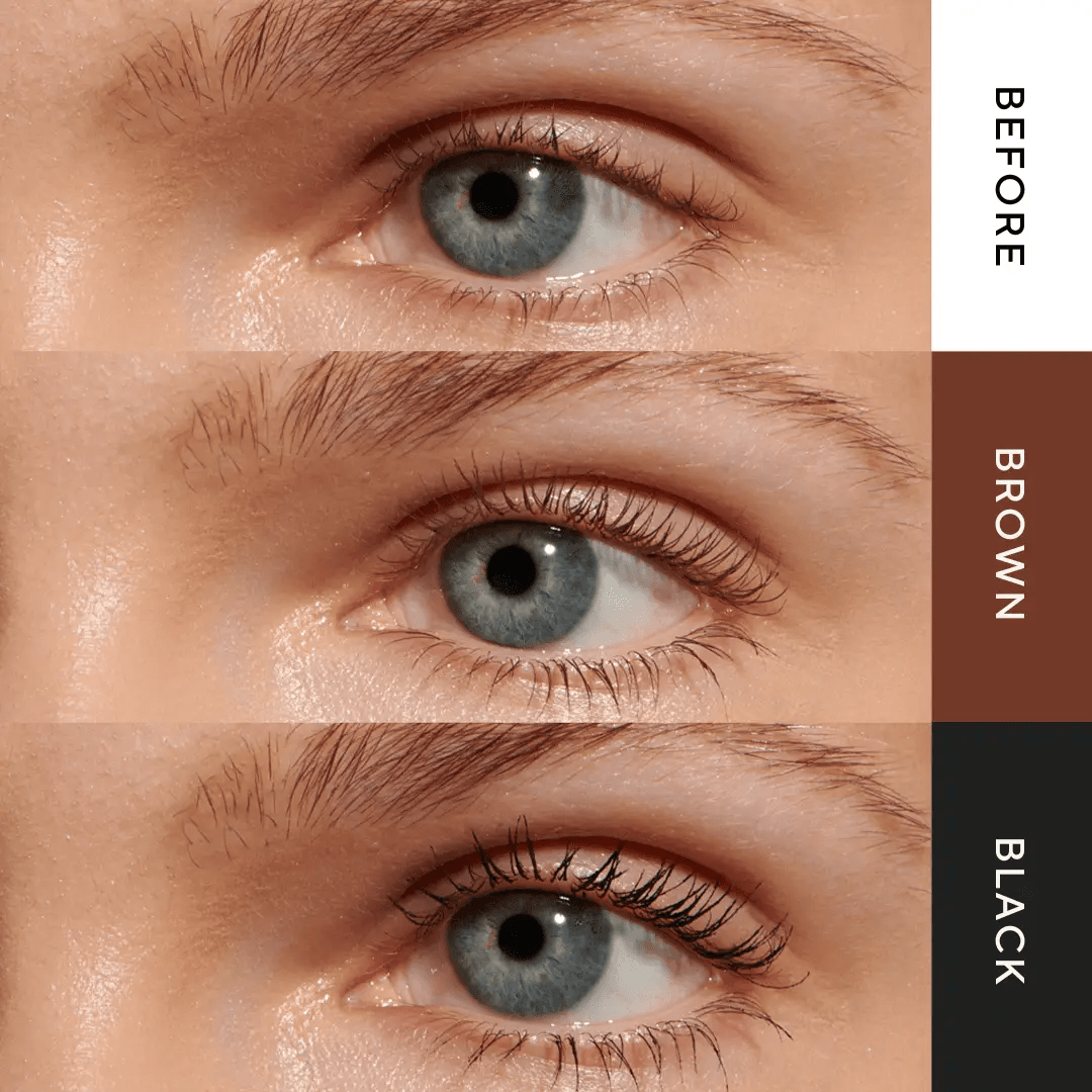 brown vs black mascara before and after showing lash lengthening, definition and volume.