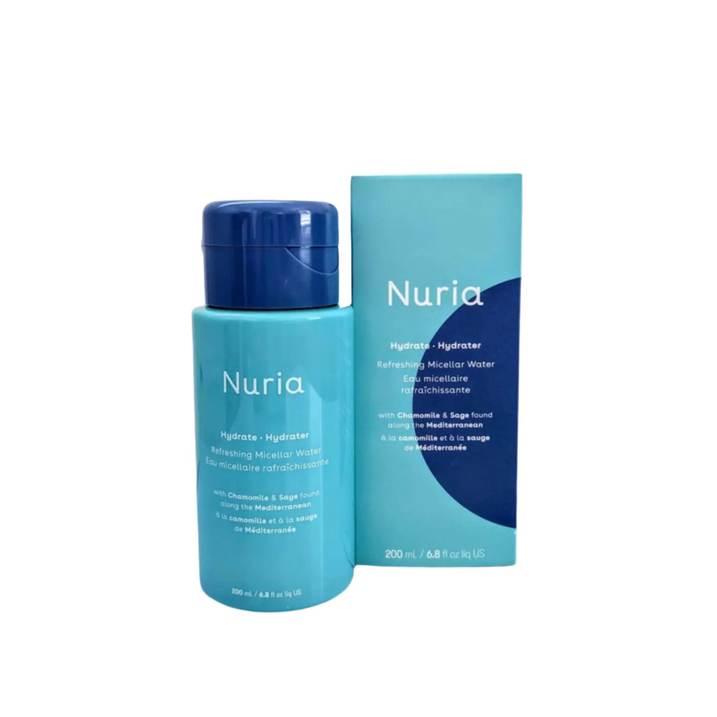 Nuria hydrate micellar water bottle and packaging on a white background