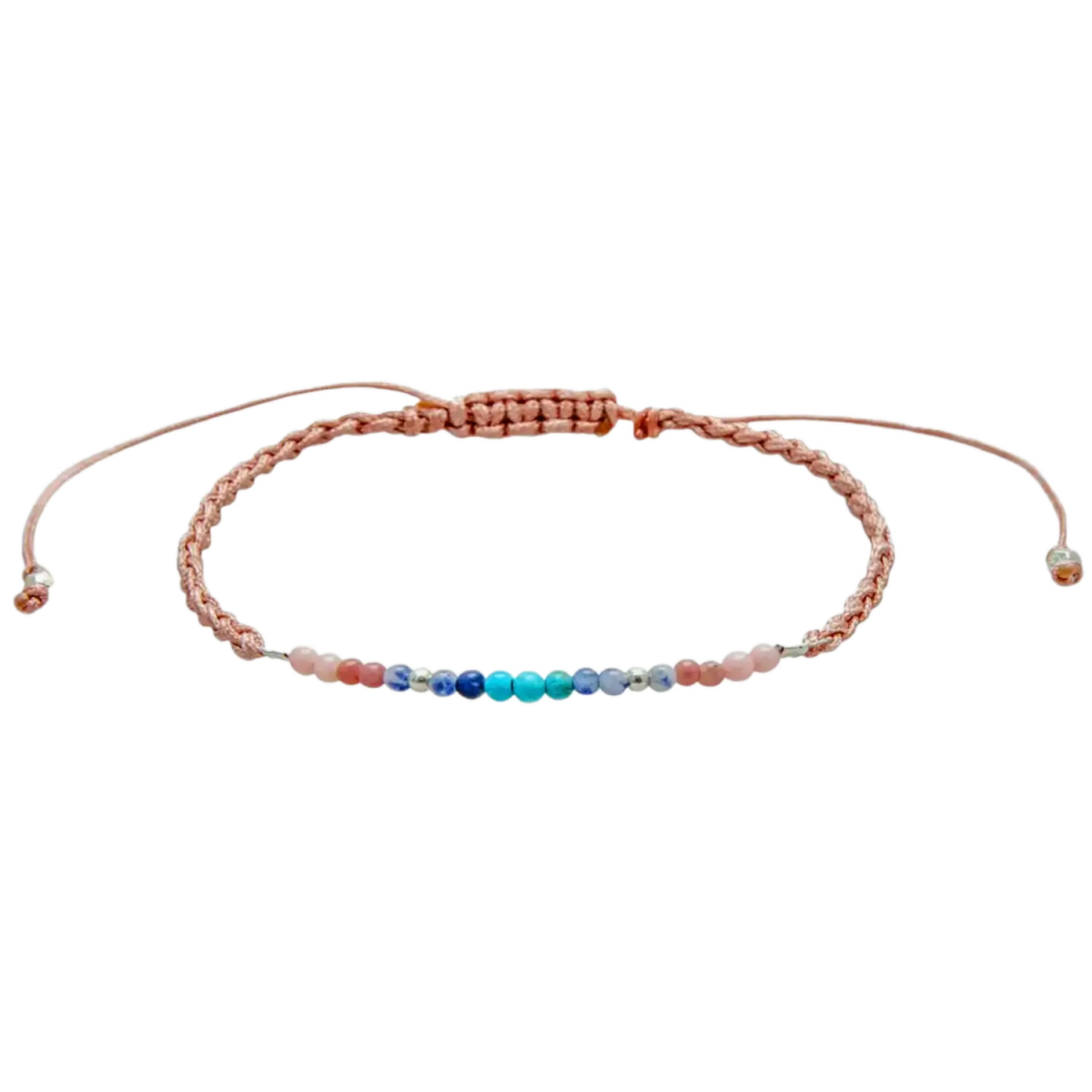 Multicolored energy beaded om mantra yoga bracelet on a white background