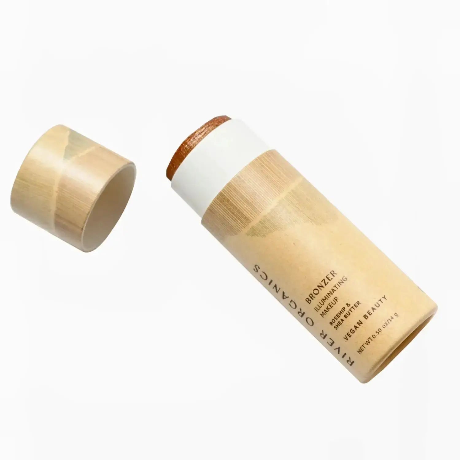 cream bronzer stick in zero-waste paper tube from river organics makeup with lid