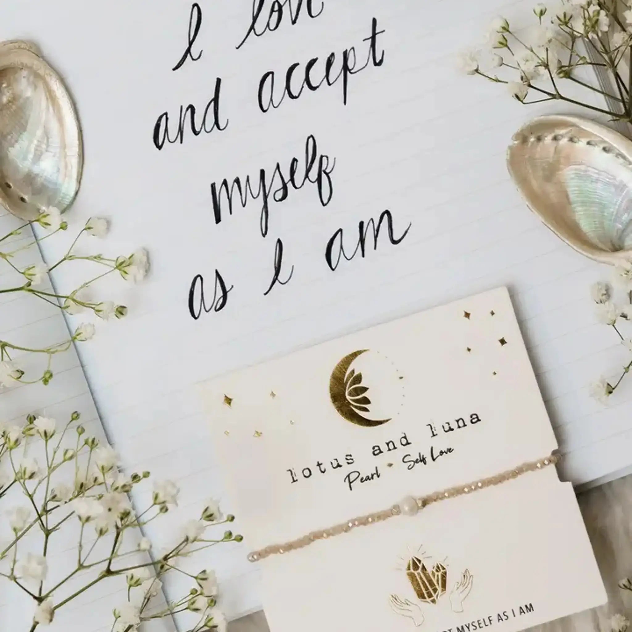 white pearl healing bracelet for self love by lotus and luna