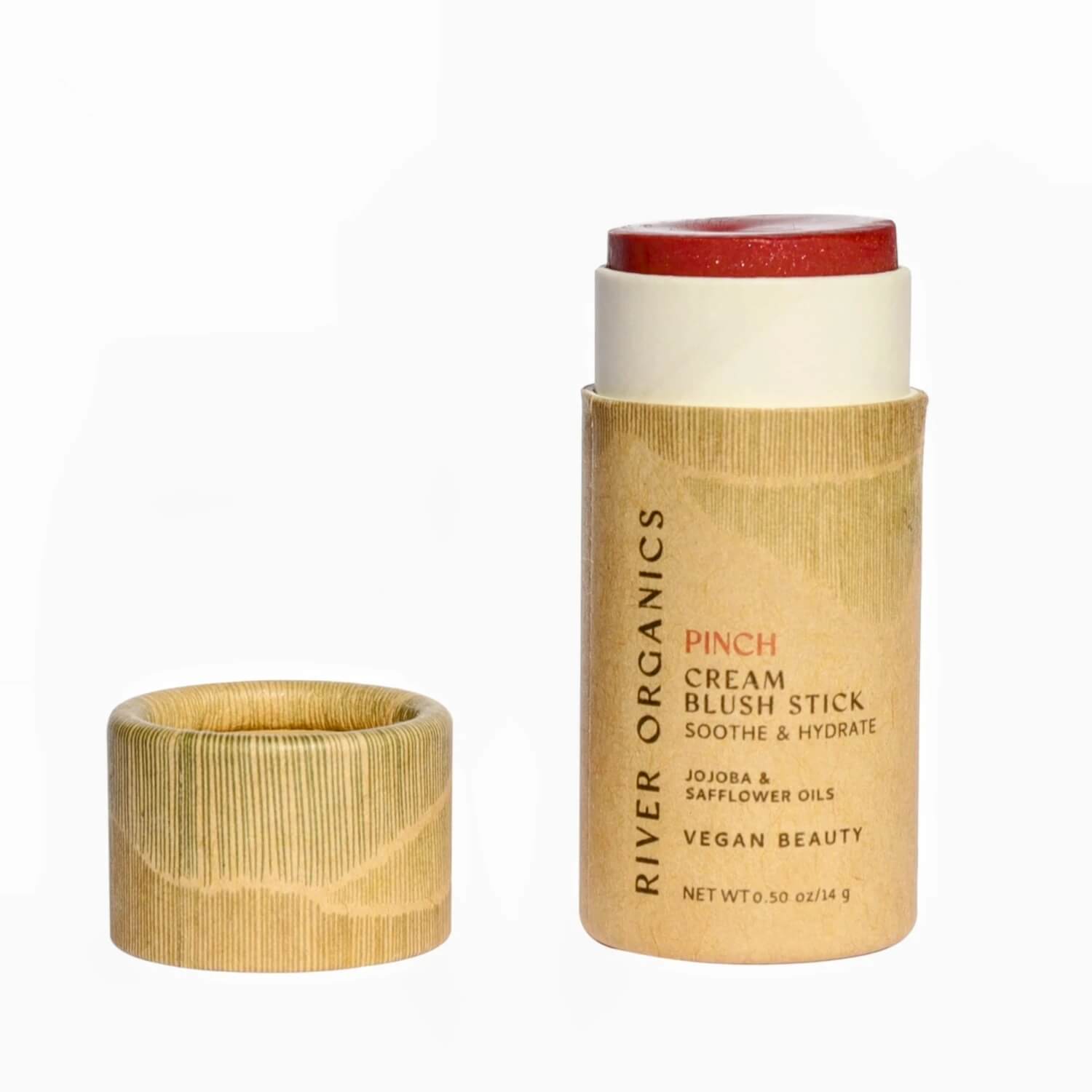 Pinch Pink Organic Blush Stick with bamboo tube packaging, featuring hydrating jojoba and safflower oils for a natural glow. Vegan and eco-friendly.