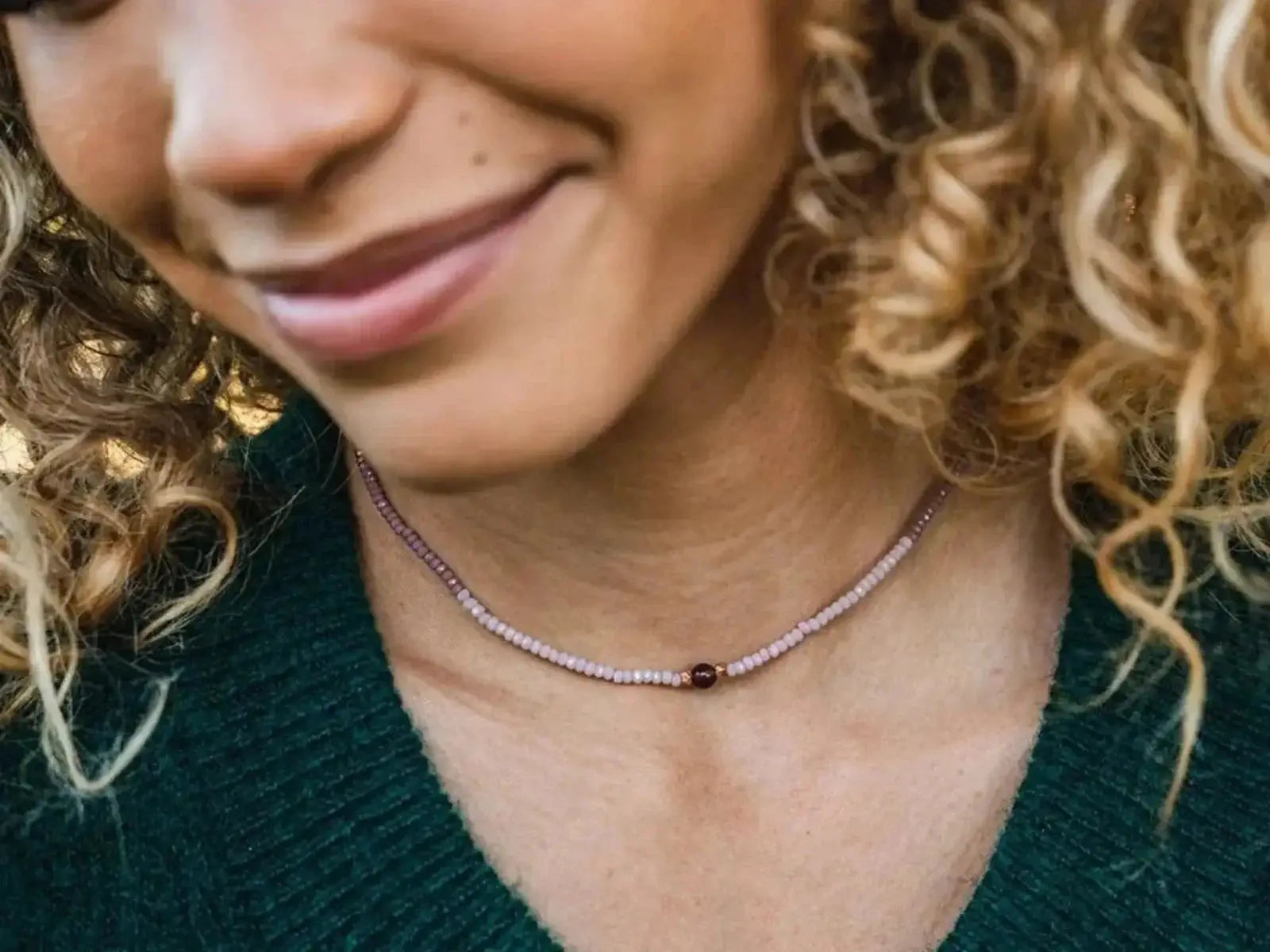 purple amethyst crystal choker necklace on model