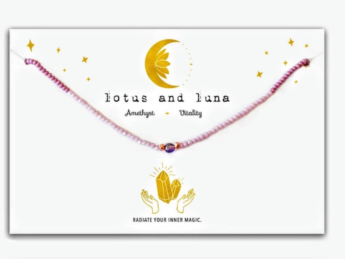 purple amethyst crystal goddess necklace on Lotus and Luna jewelry card