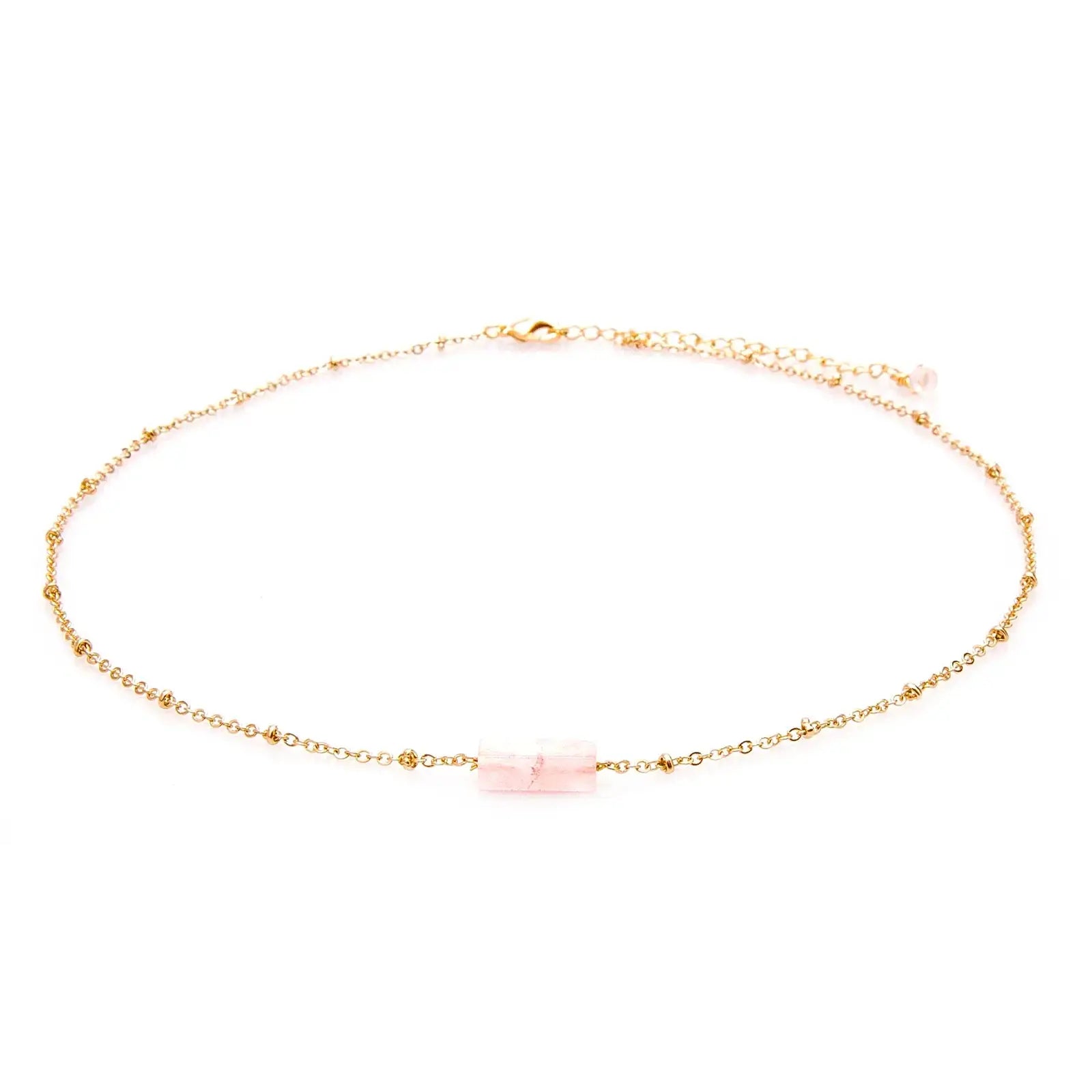 a pink Raw Rose Quartz Gold Necklace with center Stone on a yellow gold adjustable link chain with lobster claw closure