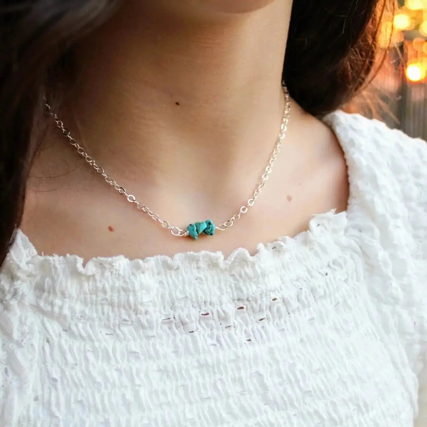 blue raw turquoise necklace with silver chain