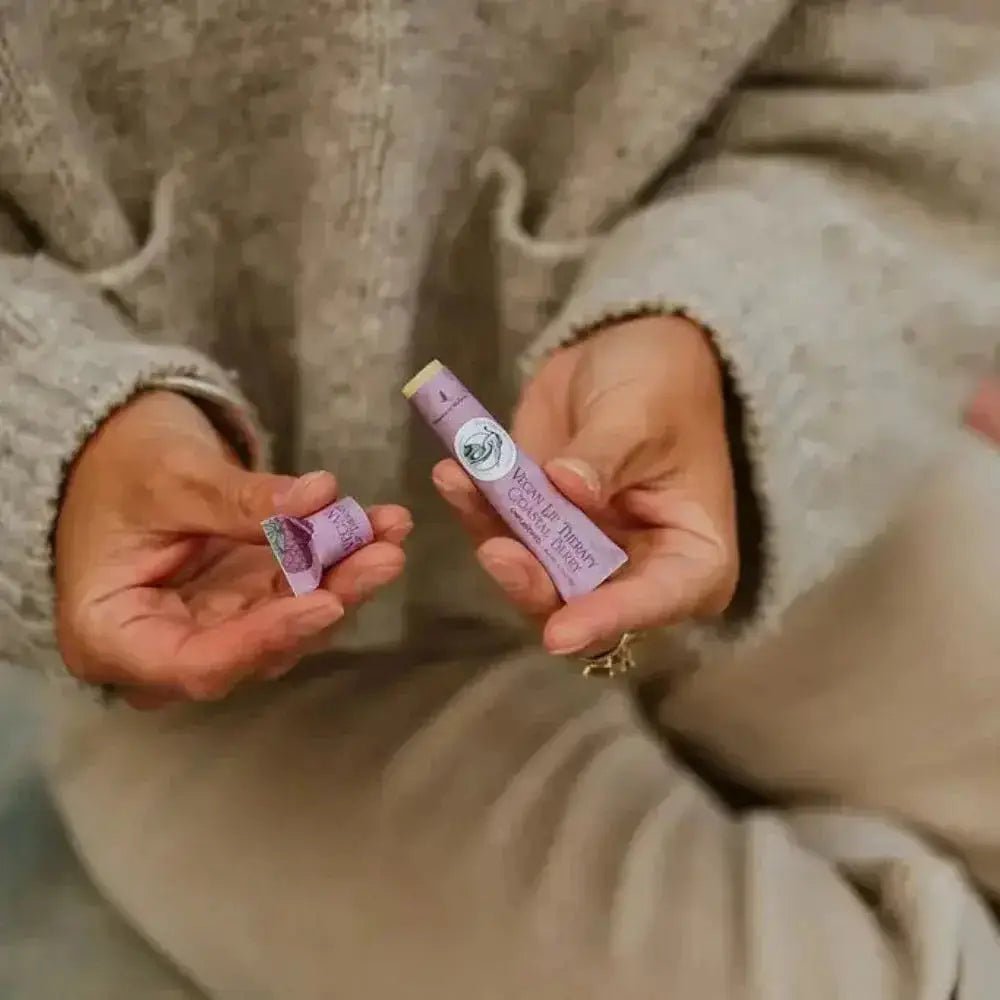 Natural Vegan Lip Balm and Organic Red Tinted Lip Balm Duo in Zero Waste Packaging from Blue Heron Botanicals Vegan Lip Balm for dry lips