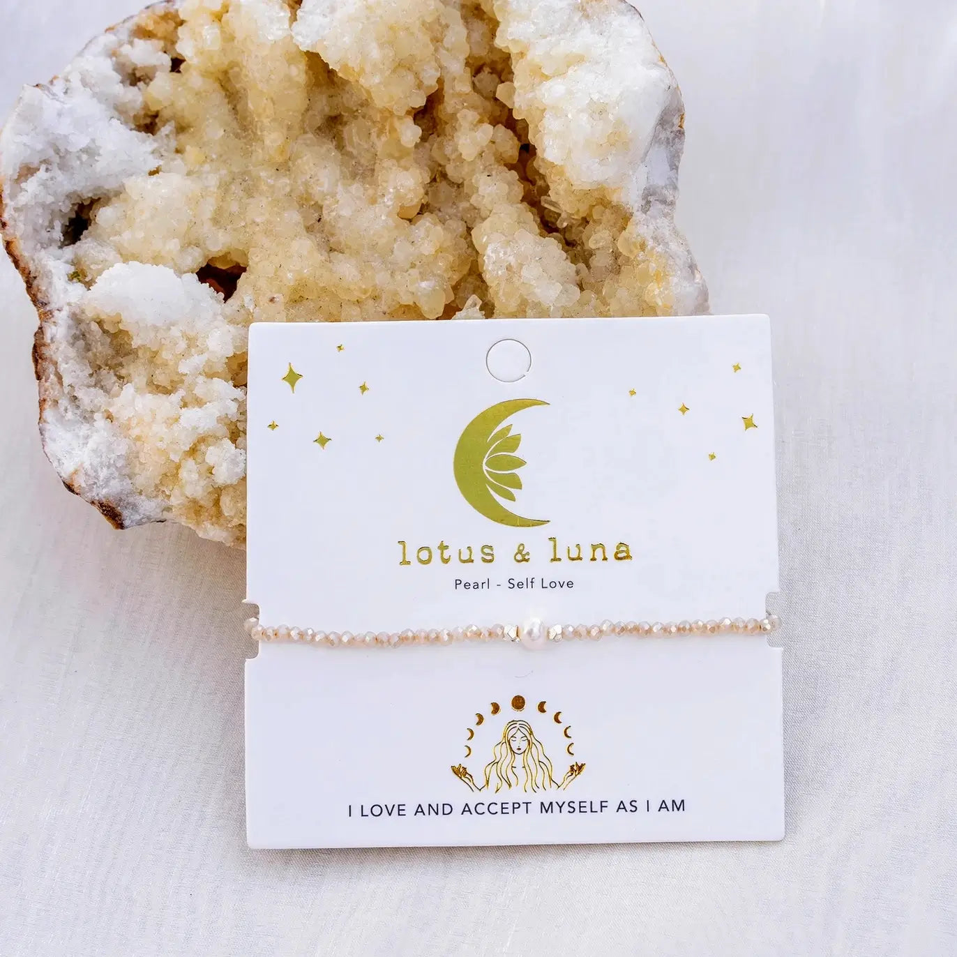 adjustable freshwater white pearl bracelet with crystal accents by lotus and luna