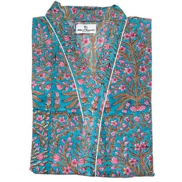 Block Printed Blue floral kimono robe | Women's One Size | The Fox and the Mermaid