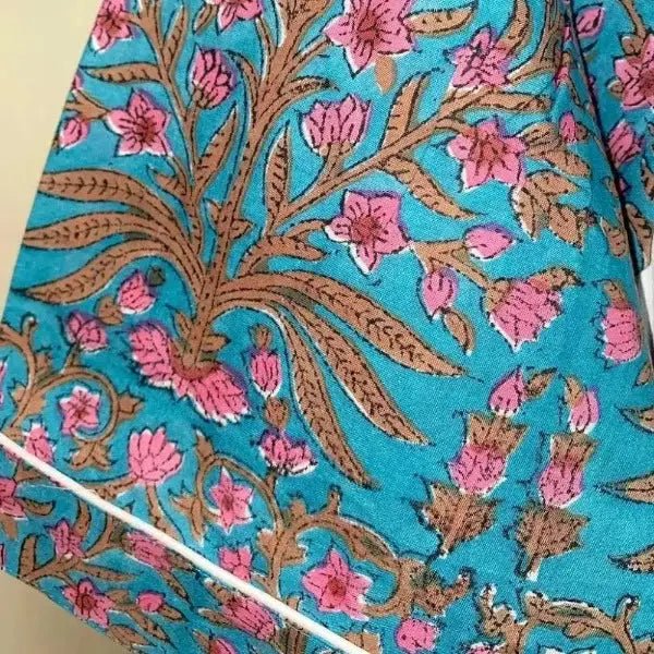 Indian Block Printed Blue Floral Kimono Robe I The Fox and the Mermaid