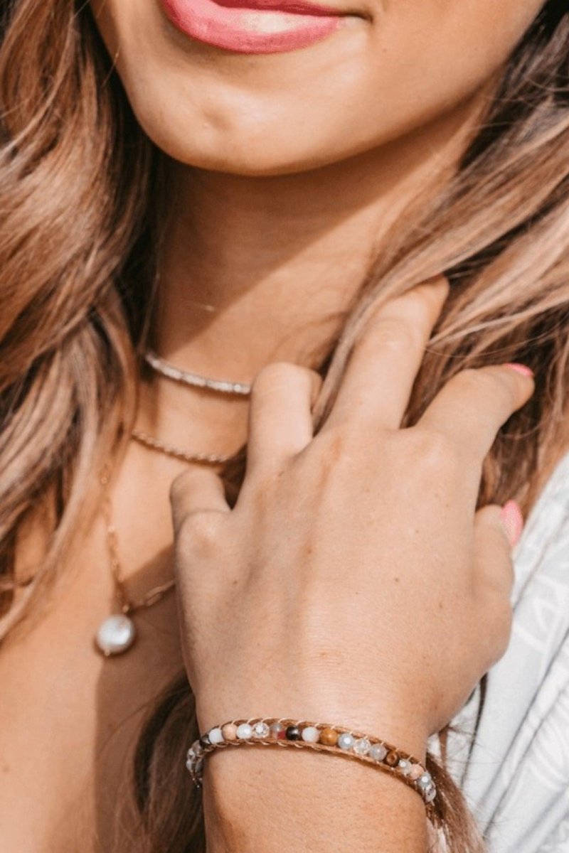 Jade Bracelet and Jasper Semi Precious Stone Bracelet on model by Lotus and Luna