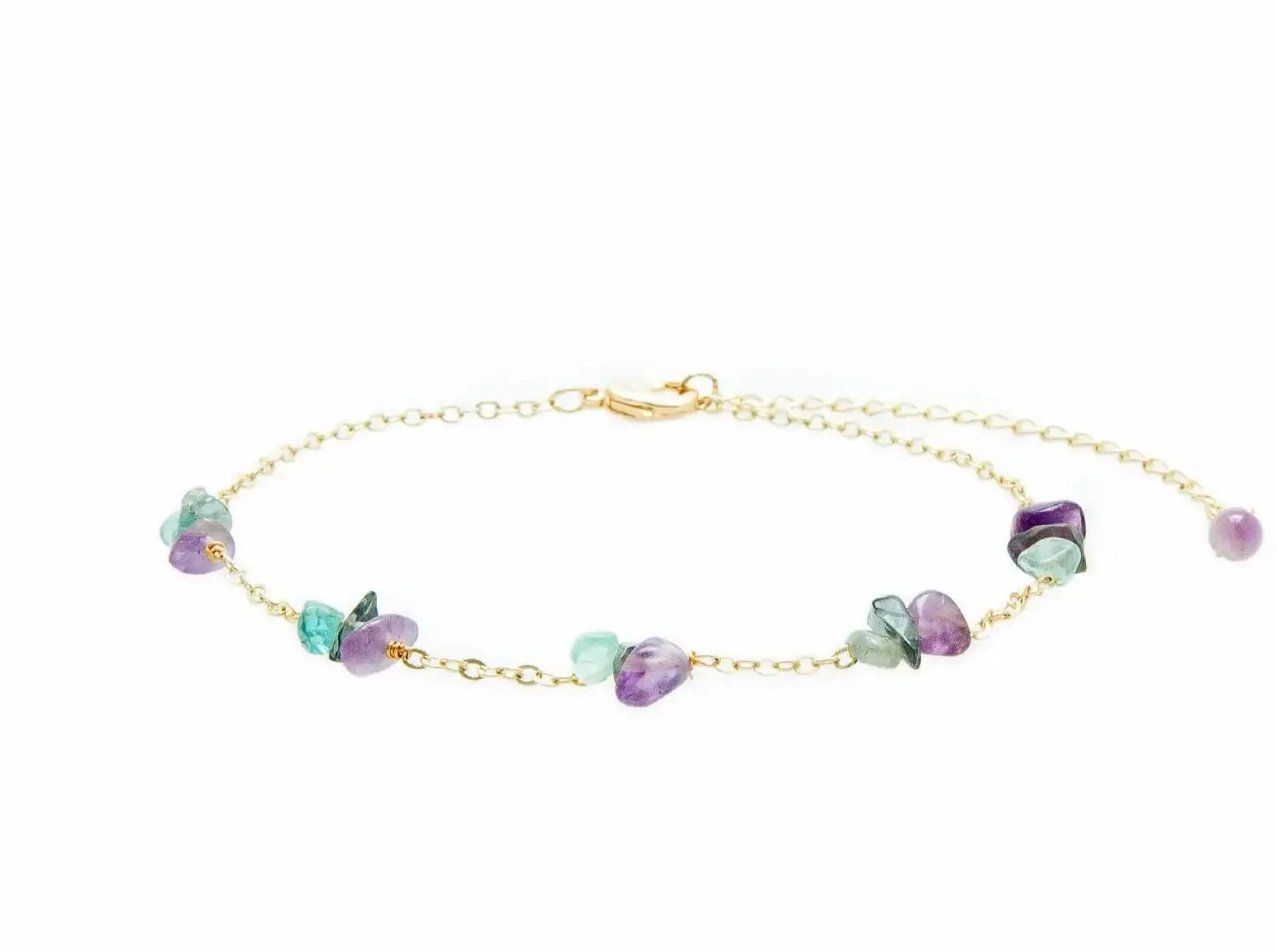 Lotus and Luna Ceto Anklet Purple & Green Amethyst Stones on Yellow Gold Chain Anklet
