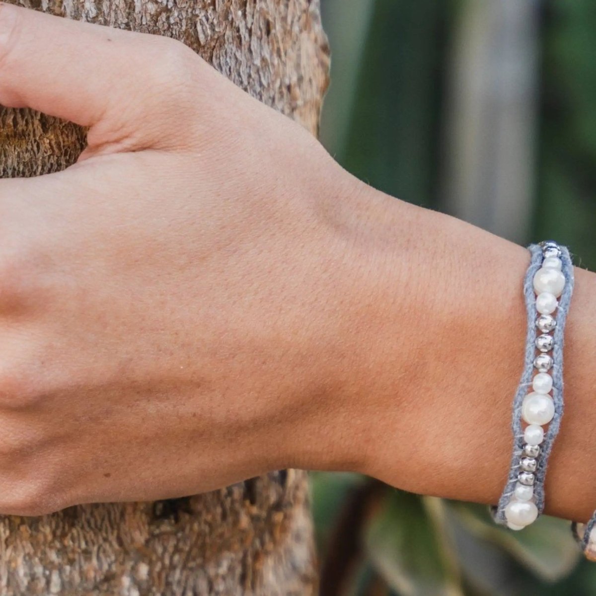 Snow Angel White Pearl Bracelet with Silver and White Beads on an Adjustable Grey Cotton Cord
